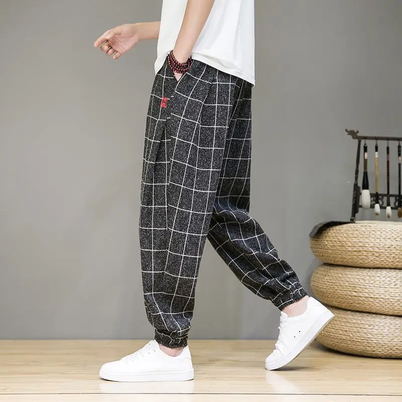 Male Trousers Cotton Linen Thin Plaid Men's Casual Pants Check Summer Y2k Streetwear Clothes Classic Big Size Original Hot Sale