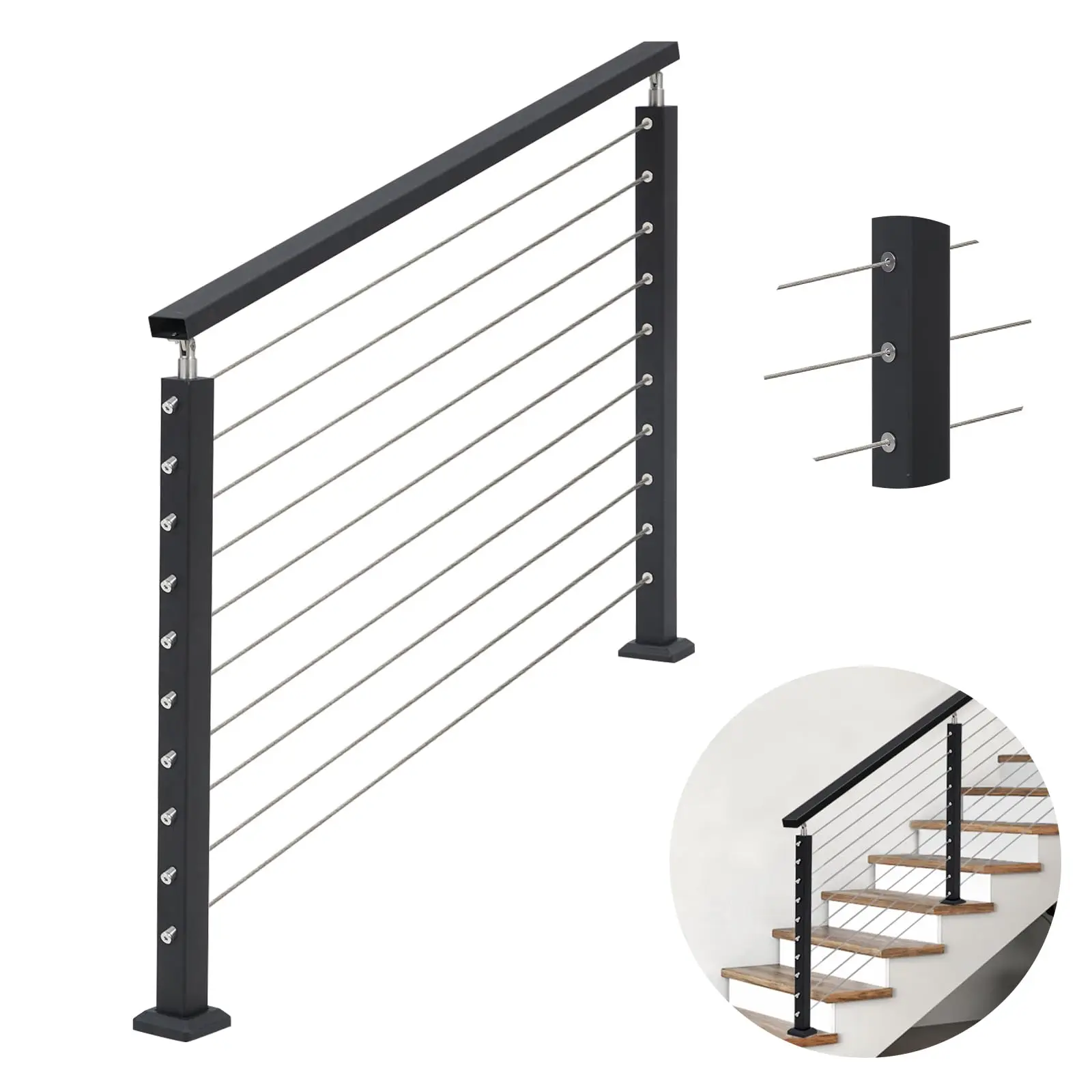 Set di kit per ringhiera per cavi per scale da 36", 5-10 piedi, adatto completo per 25-35 °   La scala include 2 montanti per ringhiera neri e 1 corrimano