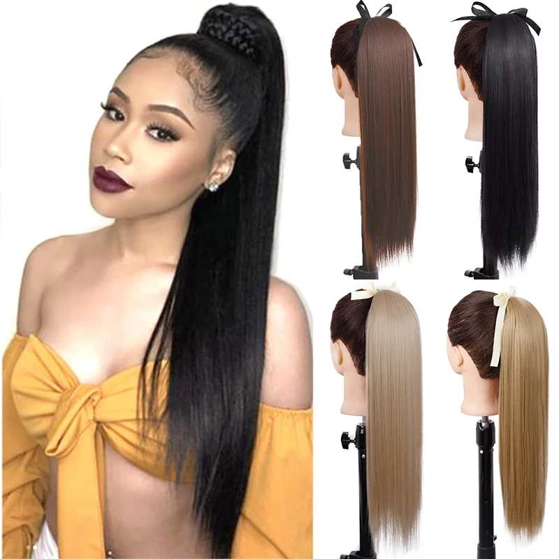 AZQUEEN Synthetic Long Straight Ponytail Black Clip-in Ponytail Hair Extensions Heat Resistant Bow Tie Horse Tail