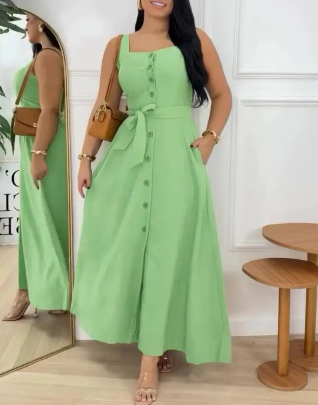 

Womens Dresses 2025 Summer New Solid Color Square Neck Thick Strap Tied Detail Sleeveless Casual Pocket Design Maxi Dress