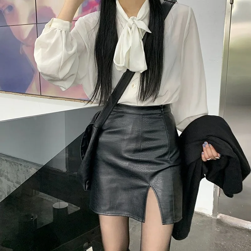

2023 Long Sleeve Split Pu Half Skirt Skirt Short Skirt Women Ropa Mujer Mini Skirts Clothes for Women