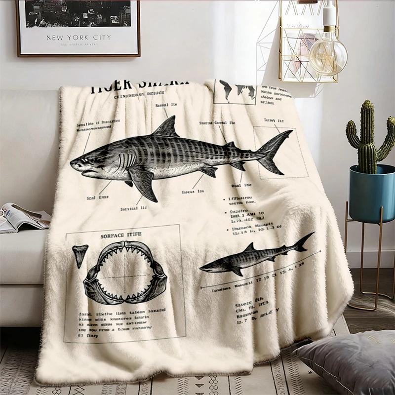 Tiger Shark Anatomy Flannel Throw Vintage Marine Illustration, Ocean Science Cozy Blanket