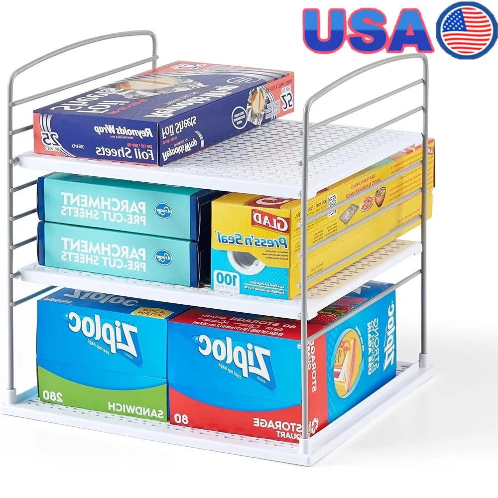 

Adjustable Kitchen Organizer Extra Large Pantry Shelf Durable Plastic Wrap Foil Storage Non-Slip Feet Sturdy Steel Wire Space