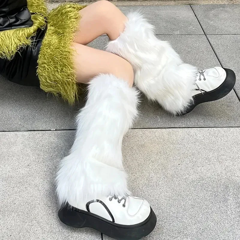 Furry Leg Warmers Y2K Goth White Faux Fur Leg Warmer Boot Covers Women Lady Cute Jk Knee-length Hipster Warm Sock Fashion Socks