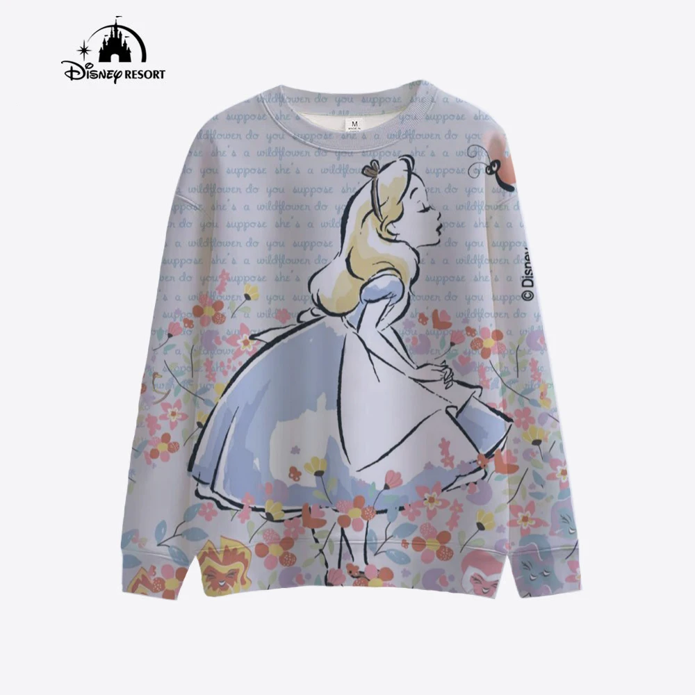 Disney Princess print Y2k cartoon print long sleeved loose sportswear for women\'s spring casual fashion round neck pullover