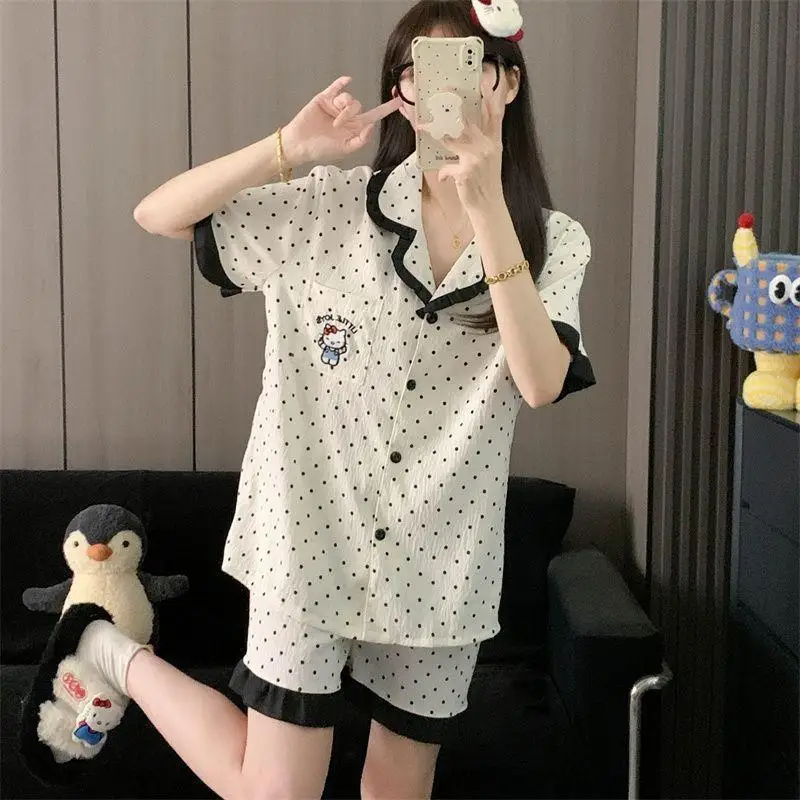 

Sanrio Kawaii хлопковый пижамный комплект Hello Kitty Sweet Girl, летняя милая одежда в горошек с короткими рукавами, домашняя одежда, подарки на открытом воздухе