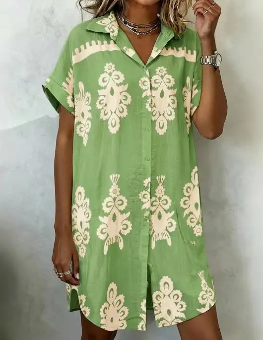 خمر الباروك وضع طباعة بدوره إلى أسفل طوق توالت الأصفاد زر أسفل قميص فستان المرأة فستان عطلة عادية مع جيوب #4