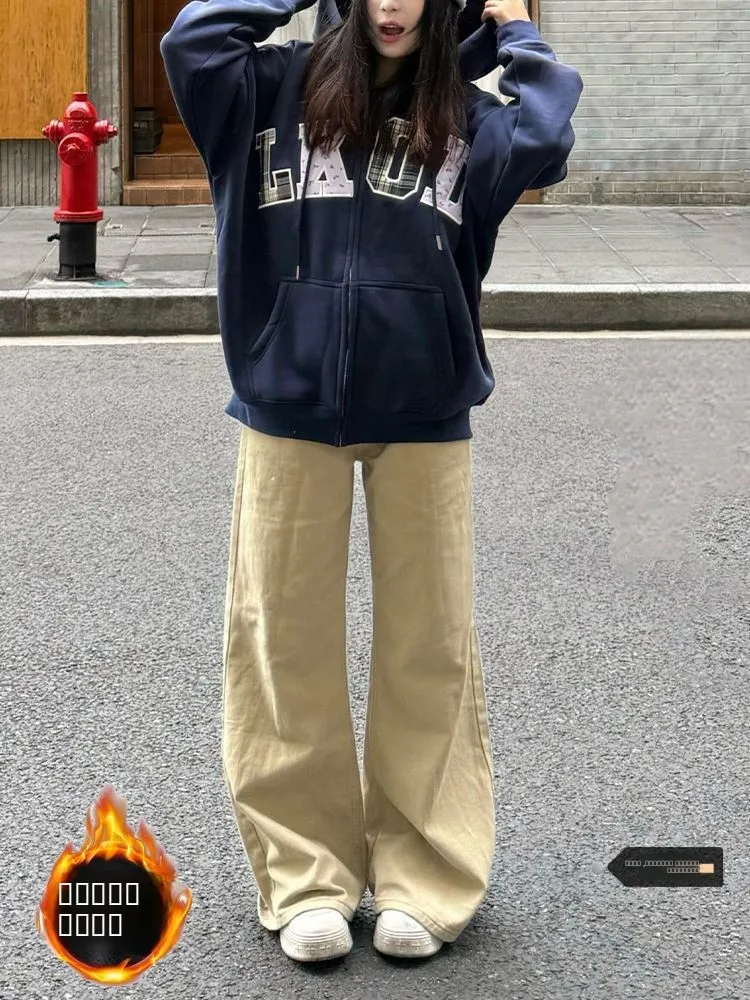 

Американские джинсы-брюки из денима цвета хаки для женщин, с высокой талией, прямым кроем, на молнии, теплые, повседневные, осенне-зимние