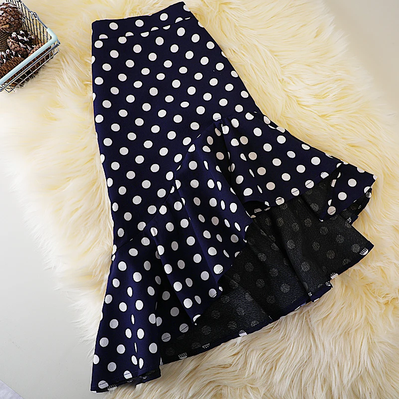 Matakawa Irregular Mermaid Skirts Women Polka Dot Ruffles Office Lady Summer Faldas Korean Fashion High Waist Jupe Femme