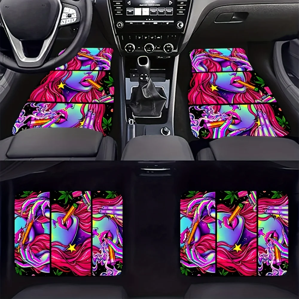 

4pcs Cool Girl Pattern Flannel Car Mats, UV Black Glossy Water-Absorbent Anti-Slip Floor Mats, Fits Most Vehicle Front & Rear Se