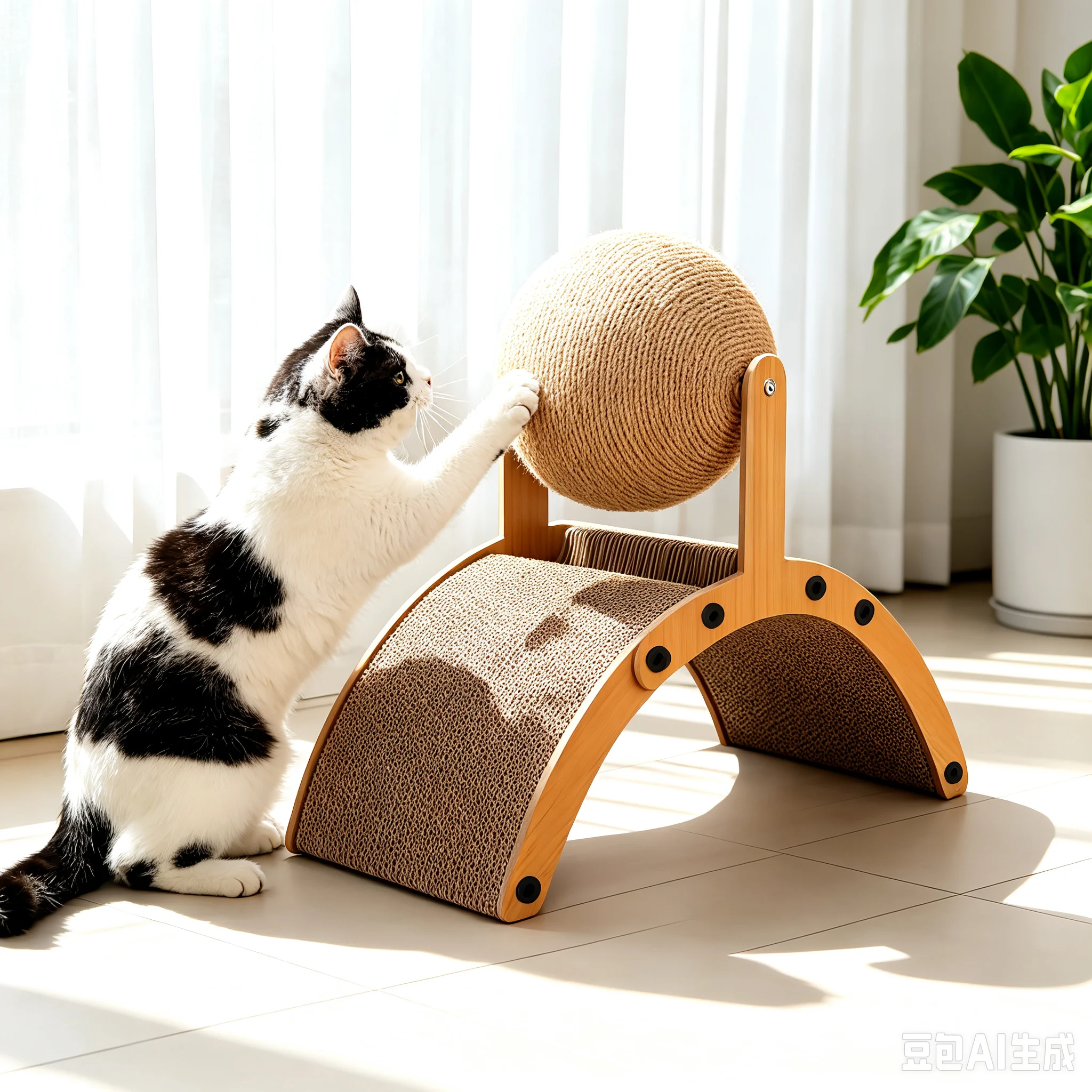 Griffoir pour chat en bois multifonctionnel avec coussin arqué et boule en sisal rotative, structure en bois massif épaissie, résistant aux griffures et aux morsures, structure solide et stable, protège les meubles, jouet interactif pour chat pour jouer en intérieur