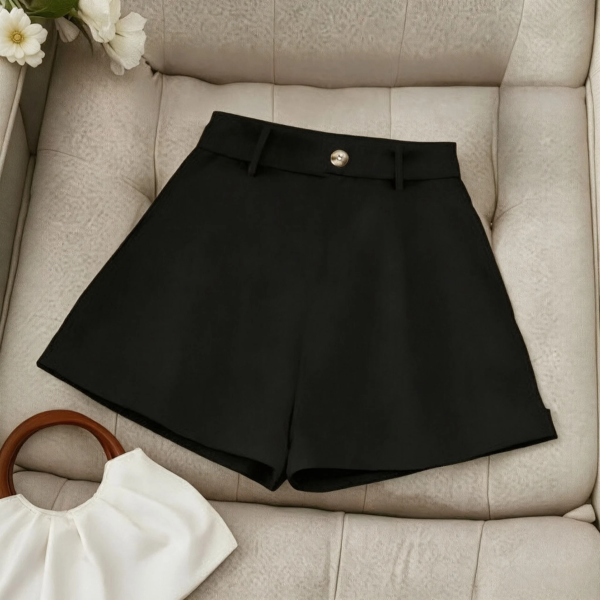 Women's Tailored Suit Shorts Black High Waist Wide Leg Button Front Commute Work Casual Shorts