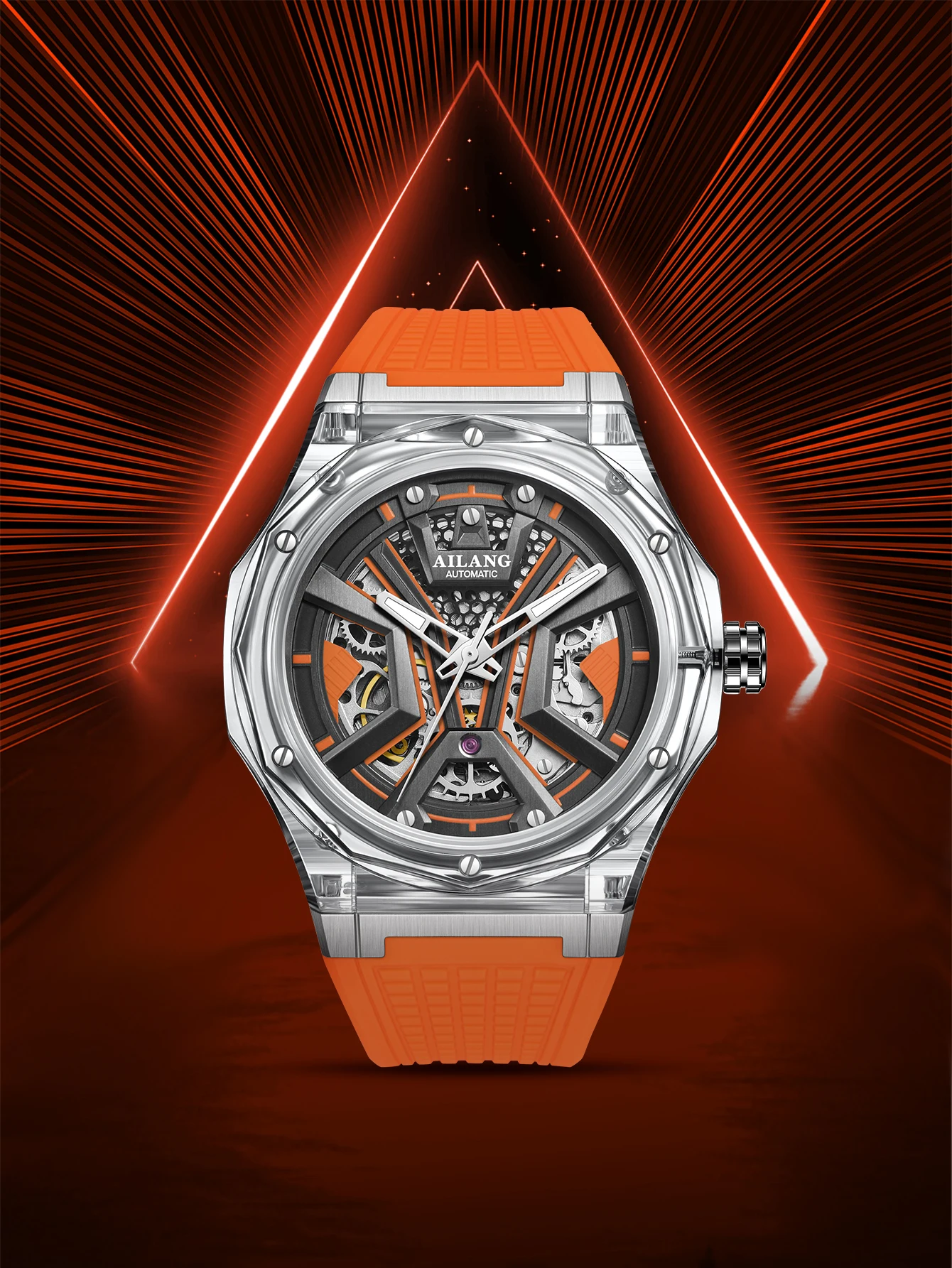 Ailang genuine men\'s polygonal rubber band waterproof hollow tourbillon luminous fashion trend automatic mechanical watch