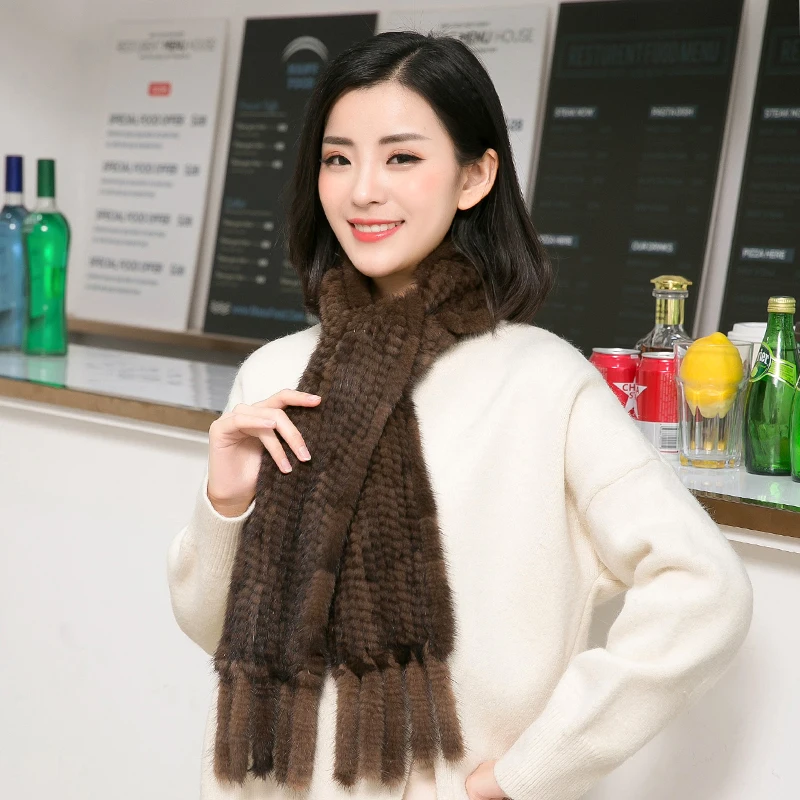 

Real Mink Fur Scarf Women Winter Knitted Shawl Wraps Stoles With Tassel Black Brown Wine