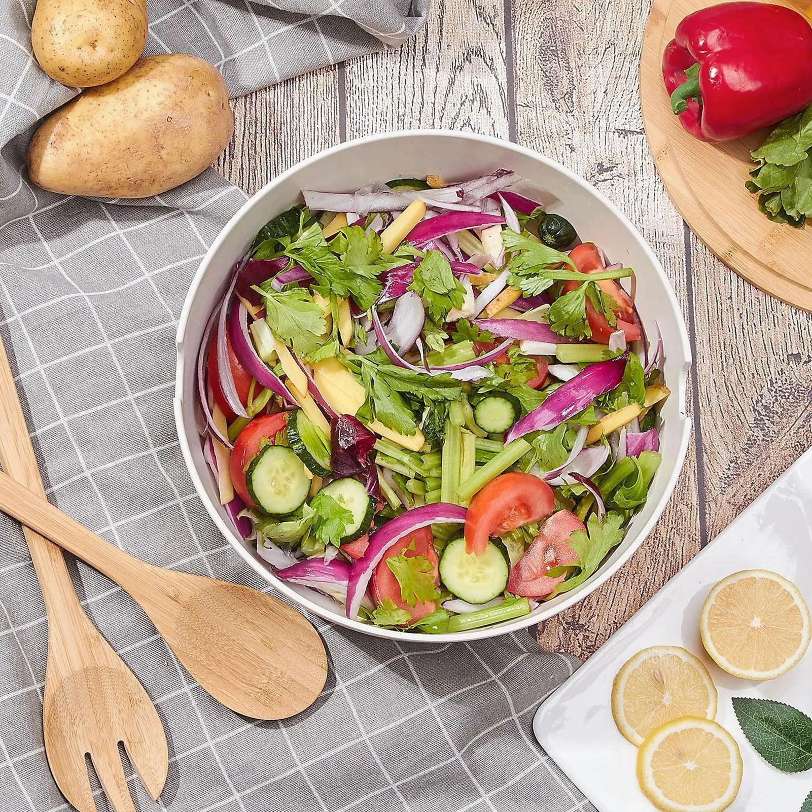 

Salad Serving Bowl Fruit Salad Bowl With Lid Wooden Serveware With Spoon Fork For Home Kitchen Cereal Fruit Snack Mixing Cooking
