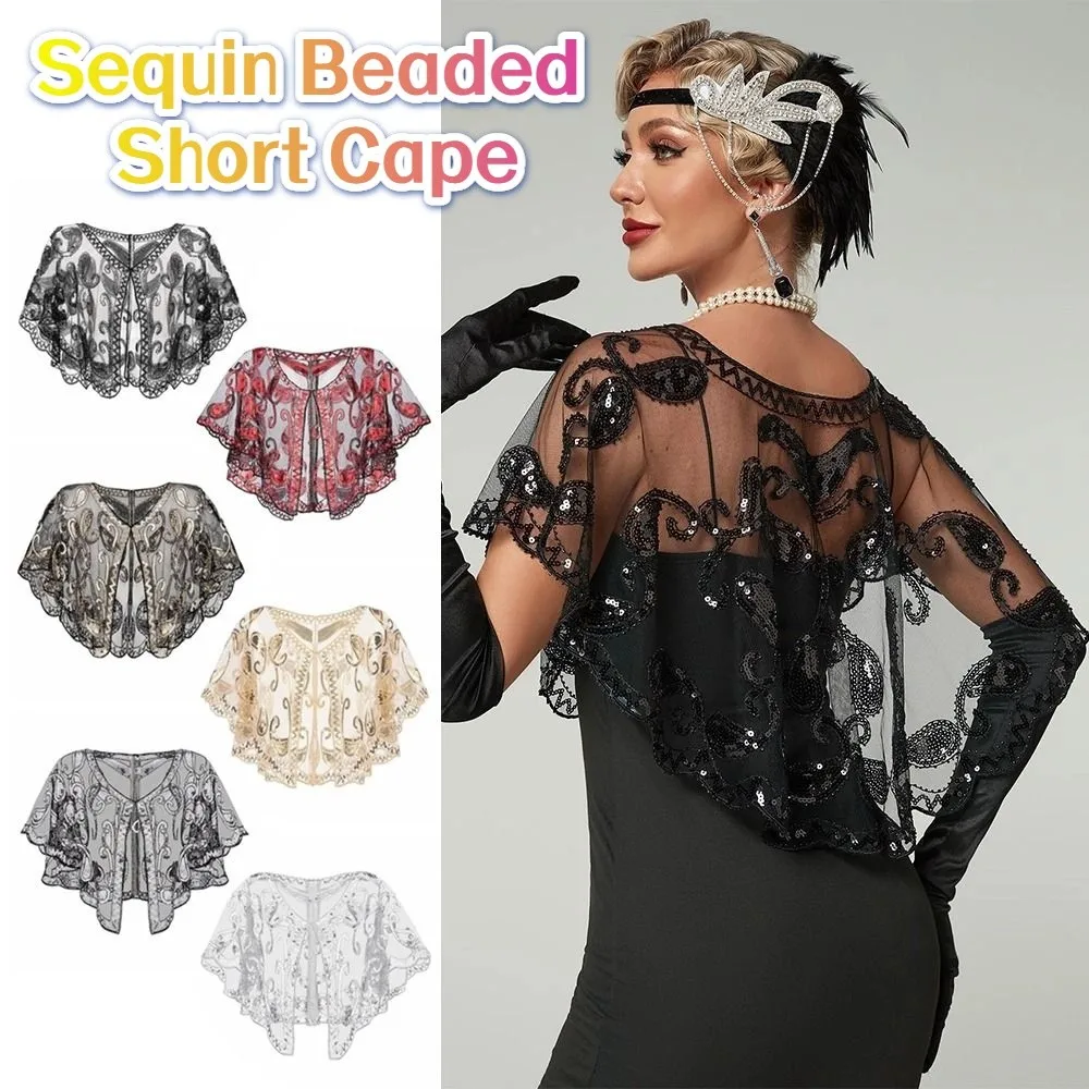 

Retro Sequins Poncho Coat Embroidery Blingbling Sequins Sequins Tassel Shawls Hollow Out 1920s Theme Sequin Beaded Short Cape