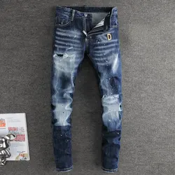 Pantalones vaqueros de moda urbana para hombre, jeans corrugados rasgados pintados, elásticos azules retro de alta calidad, diseñador bordado