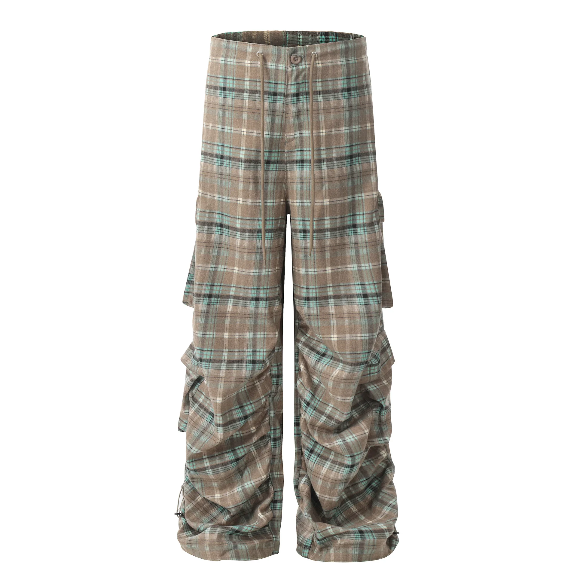 OR FL Women's American Retro Lazy Check Pattern Wide Leg Pants Slacks Baggy Staraight Multiple Pockets Crease Trousers Y2k
