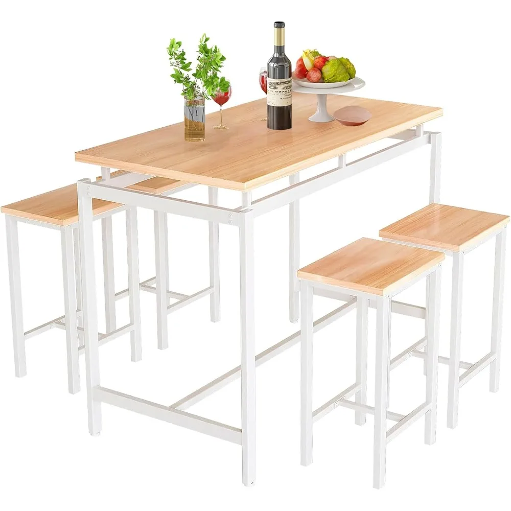 

Dining Room Table Set with 4 Stools, Bar Kitchen Table and Chairs Set for 4, 5 Pieces Dinette Table Set, Counter Height Dining