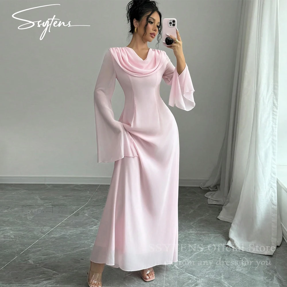 

SSYTENS Customized Pink Chiffon Arabic Women Party Dresses Long Sleeves Saudi Prom Dress Guest Look Dubai Elegant Evening Gowns