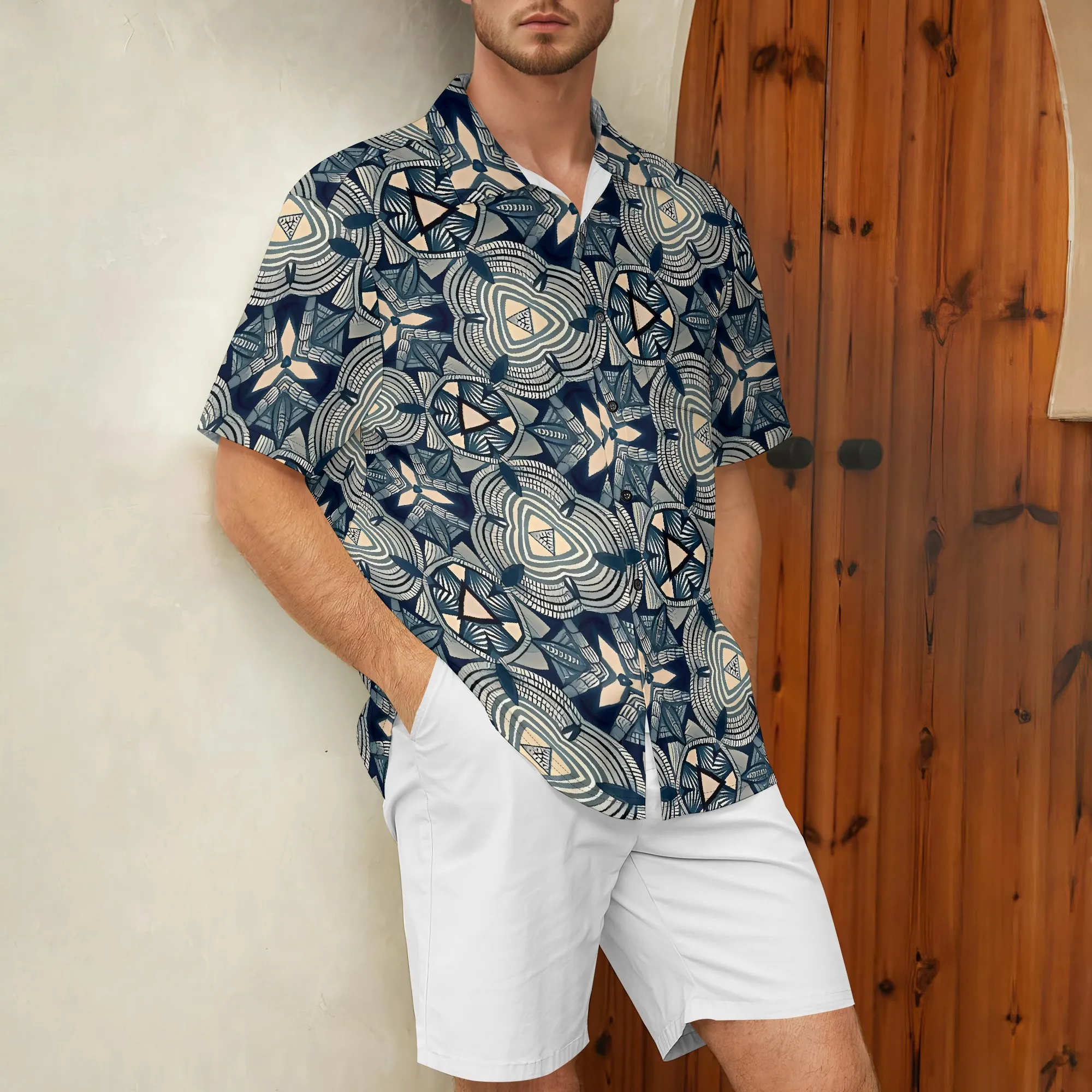 YEAE Geometric Stripe Print Shirt for Men Summer Casual Short Sleeve Top