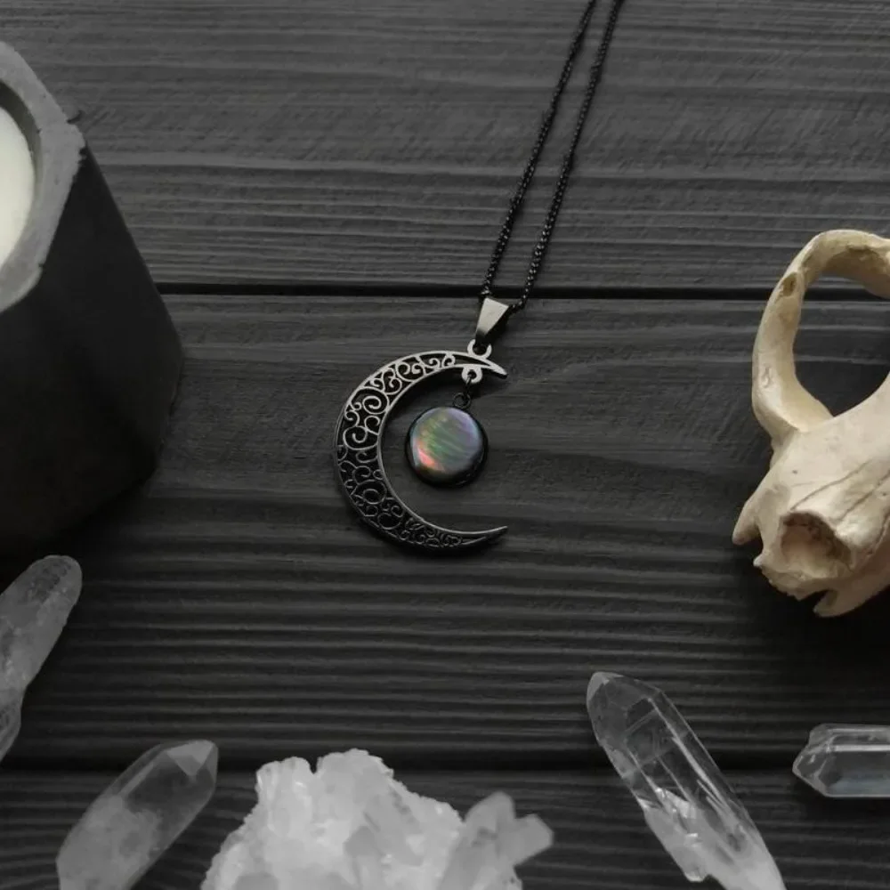 Gothic Retro Geometric Circle Inlay AB Colorful Black Hollowed-out Crescent Moon Pendant Necklace for Women Halloween Jewelry