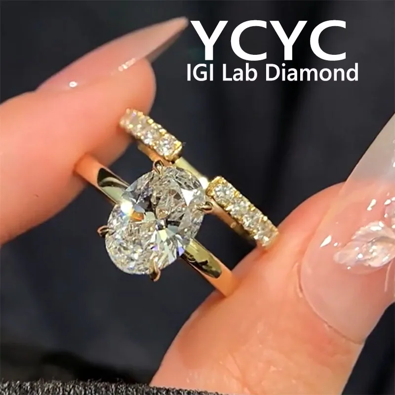 2pcs ring a set Engagement Ring 14k Yellow Gold  Oval Lab Grown Diamond 5 Ct DE VS-VVS CVD HPHT Diamond Wedding Ring With IGI 