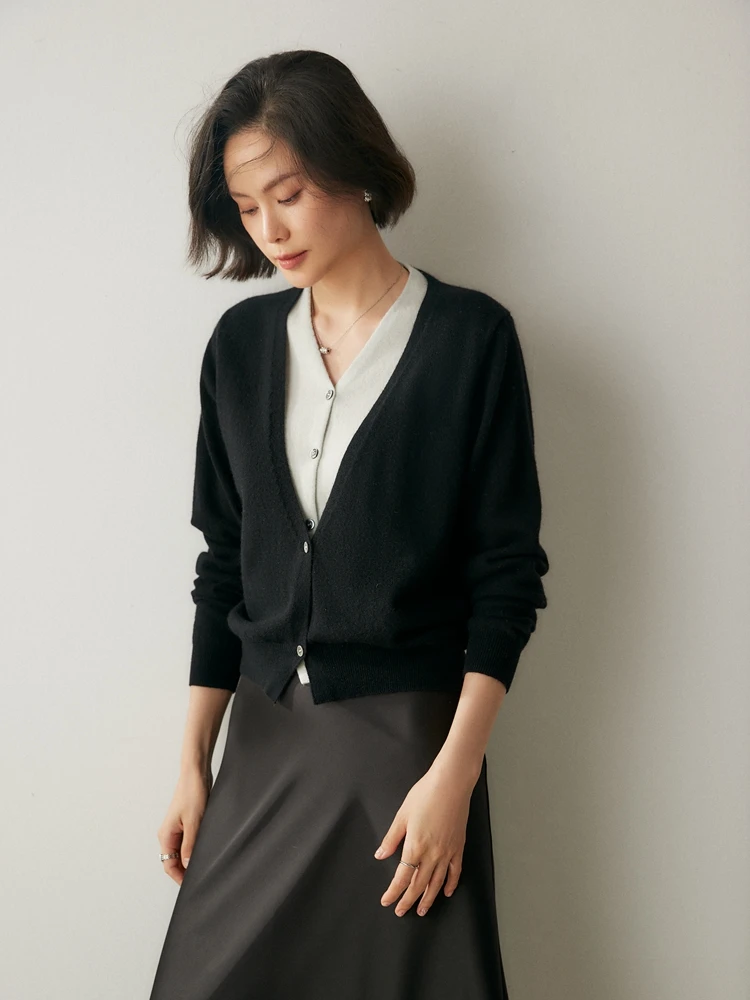 

Chic Cashmere Contrast Color Cardigan Women's Autumn Winter 100% Cashmere Sweater Office Lady Soft knitwear High Quality Tops