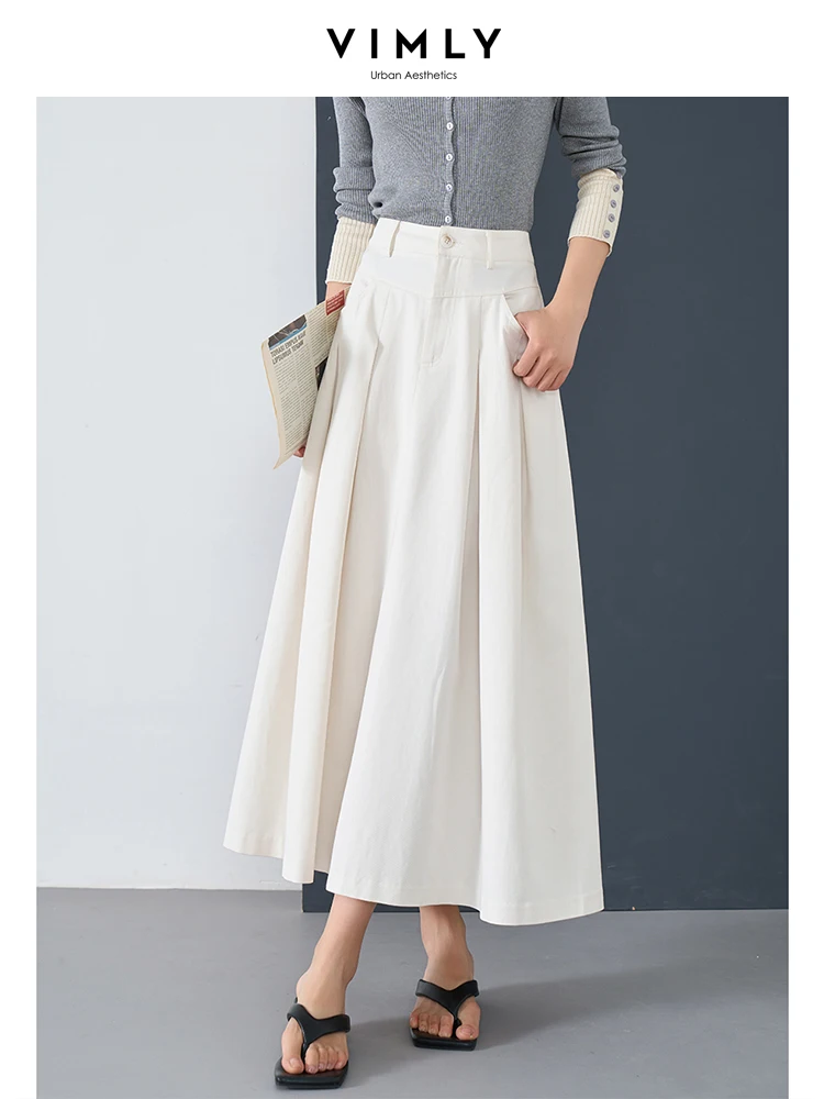 VIMLY Women\'s Solid Business Elegant Skirt Autumn New Casual High Waist Commuter A-Line Pleated Skirt Simple Chic Ladies Skirt