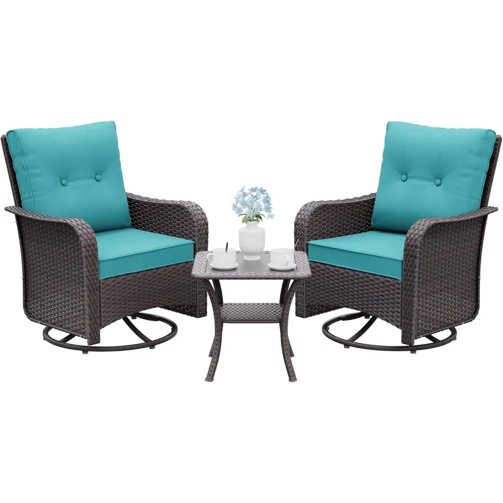 3 Pieces Patio Swivel Rocker Wicker Chairs-Outdoor Swivel Rocking Chairs with 1 Rattan Coffee Table&2 Blue Thickened Cushions O