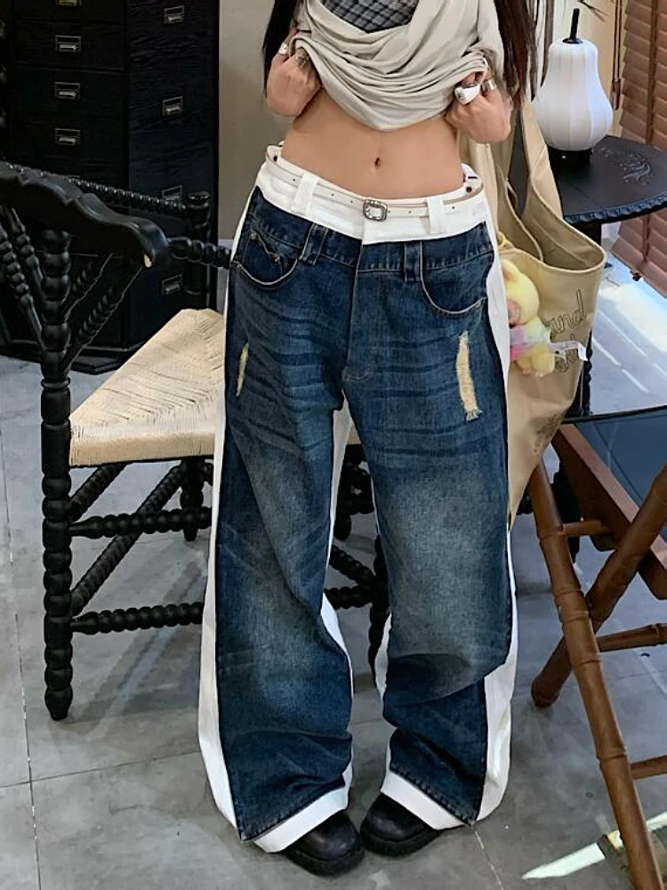 

Large Size American Vibe Washed Double Layer Denim Jeans Women's Street Style Loose Straight Leg Slimming Wide Leg Pants