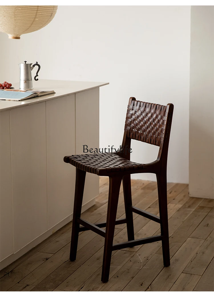 Zhonggu Solid-Wood Bar Chairs Imported Cowhide Backrest High Chair Miji Style B & B Teak Furniture