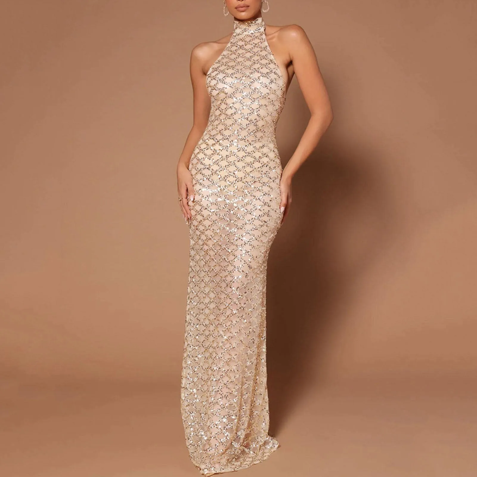 2024 sexy rücken freie Neck holder Kleid für Frauen Diamant ärmellose solide lange Robe Damen Mode Perspektive Abend Party Kleider