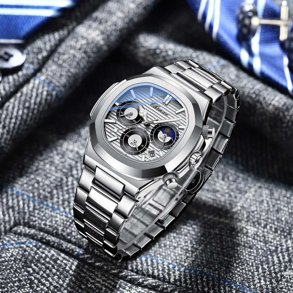 CHENXI Multifunctional Men's Watch True Three Sub-dials Six Hands Calendar Moon Phase Chronograph Octagonal Quartz Watch Reloj