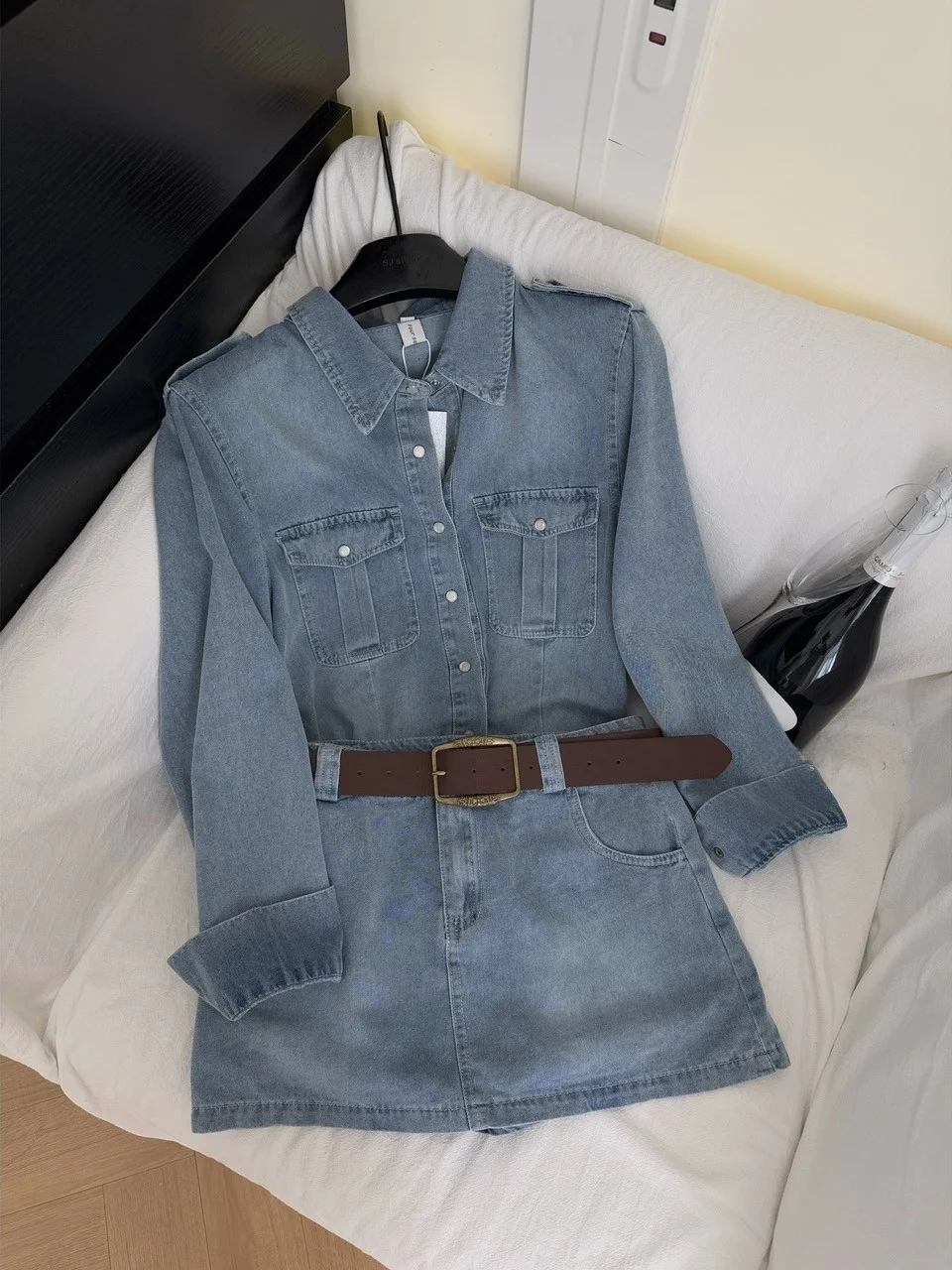 Faionable Waed Vintage Denim irt And High Waist Skirt Set for Women Autumn Collection Slimming Effect Hong Kong Sle