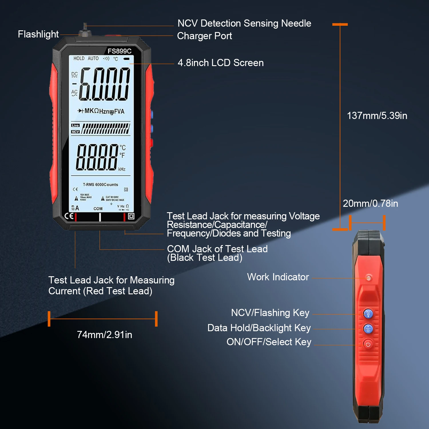 FS899C Rechargeable 4.8 Inch Large Screen 6000 Counts Smart Digital Multimeter Auto-Ranging Capacitance Ohm Hz Diode Live Check