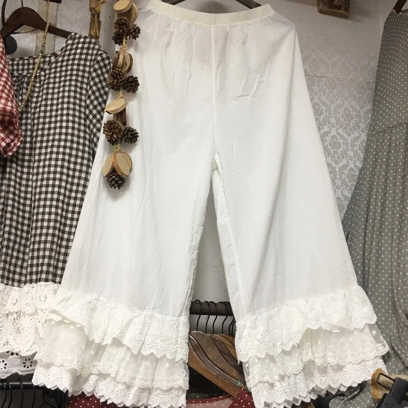 Japanese Style Women's Clothing, Sweet and Fresh Wide-Leg Pants with Multi-Layered Embroidered Lace, Casual Versatile Leggings, Loose Nine-Point Pants