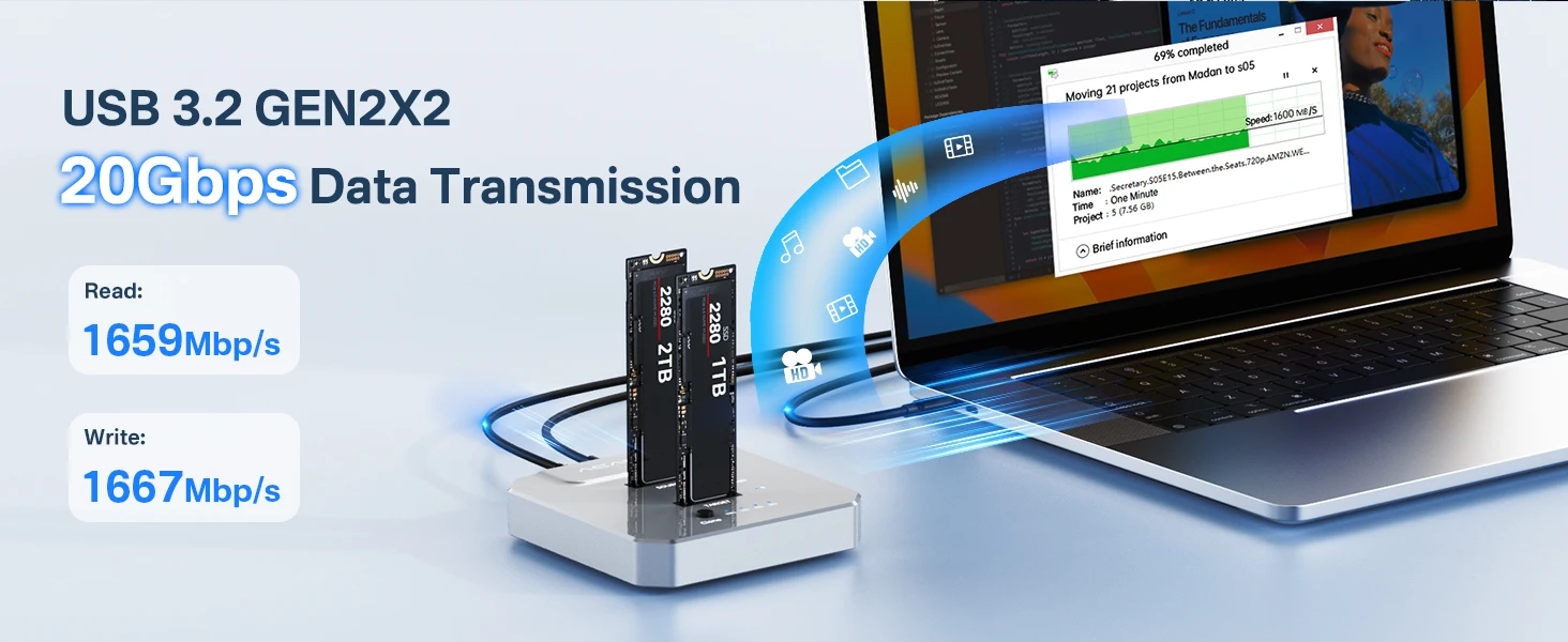 Acasis 20Gbps Dual-Bay M.2 NVME SSD-Gehäuse SSD-Duplikator Offline-Klon USB 3.2 Typ-C Gen2 zu NVMe Dockingstation für PC – Detail 3
