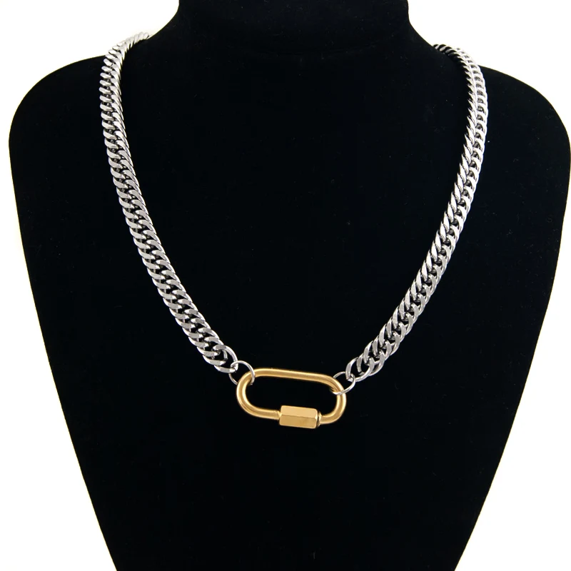Women Men Statement Stainless Steel Carabiner Clasp Necklace Chunky Thicker Heavy Chain Golden Jewelry Collar Choker