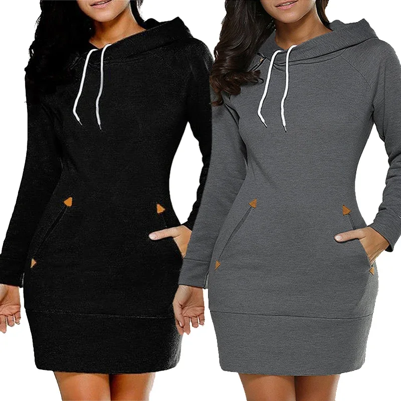 Autumn Popular Womens Knee-Length Pockets Dress Hooded Warm Sweat Shirt Long Sleeve Side Zip Neckline Simple Casual Sports Skirt