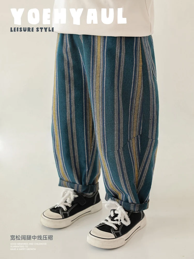 

Boys' Loose Wide Legged Jacquard Colorful Stripe Vertical Handsome Casual Pants