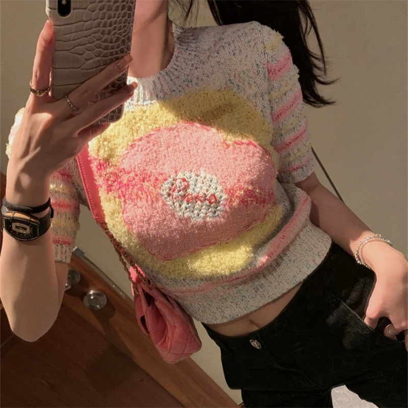 

Miiiix Colorful Dot Love Knitted Short Sleeved Women's Autumn and Winter New Yarn Contrast Color Age Reducing Slim Fit Top