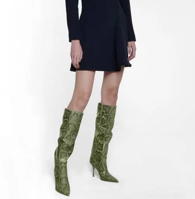 Grey Green Python Leather Stiletto High Heels Knee Boots Woman Pointed Toe Snake Tube Slip On High Boots Woman Runway Botas