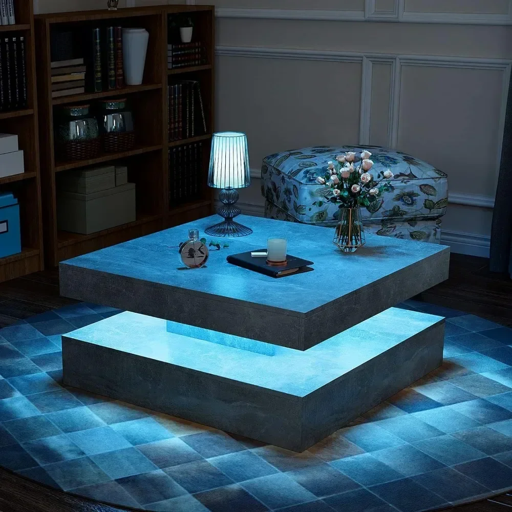 LED Coffee Table, 31inch Wooden Square 2-Tier Tables, Coffee Tables with 16-Color Plug-in LED Light, Coffee Table