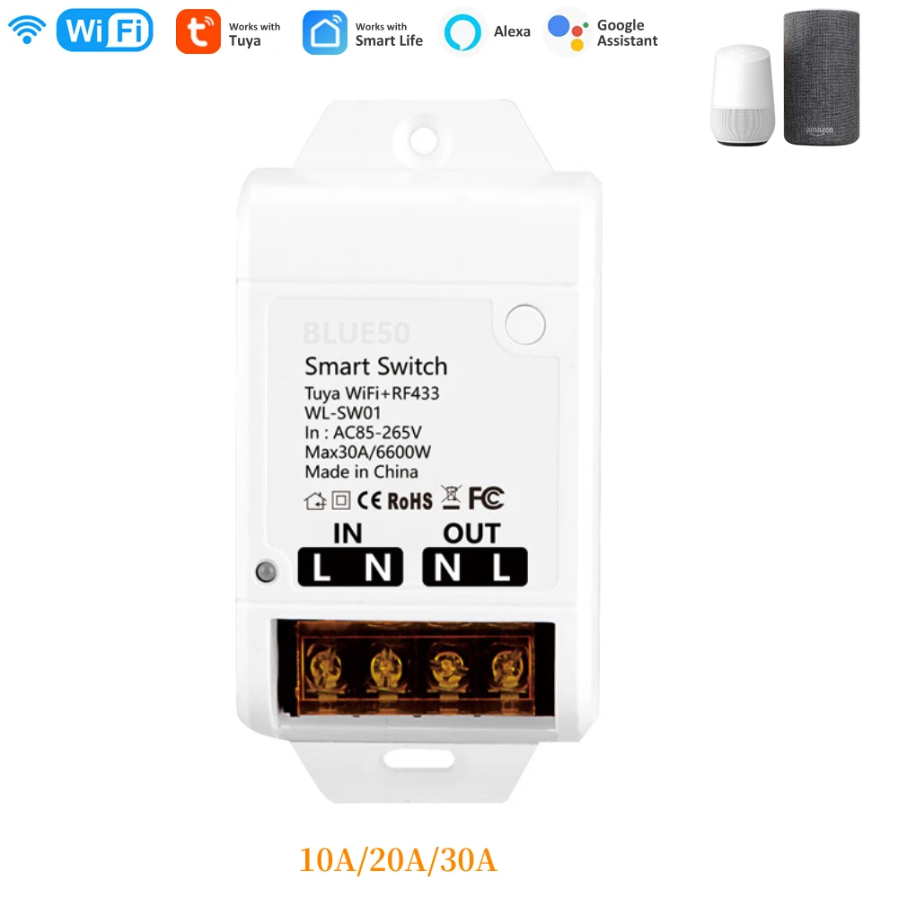 10A 20A 30A Tuya WiFi Smart Switch Intelligent On/off Device WIFI High-power Lighting Switch Samrt Home Via Alexa Google Home