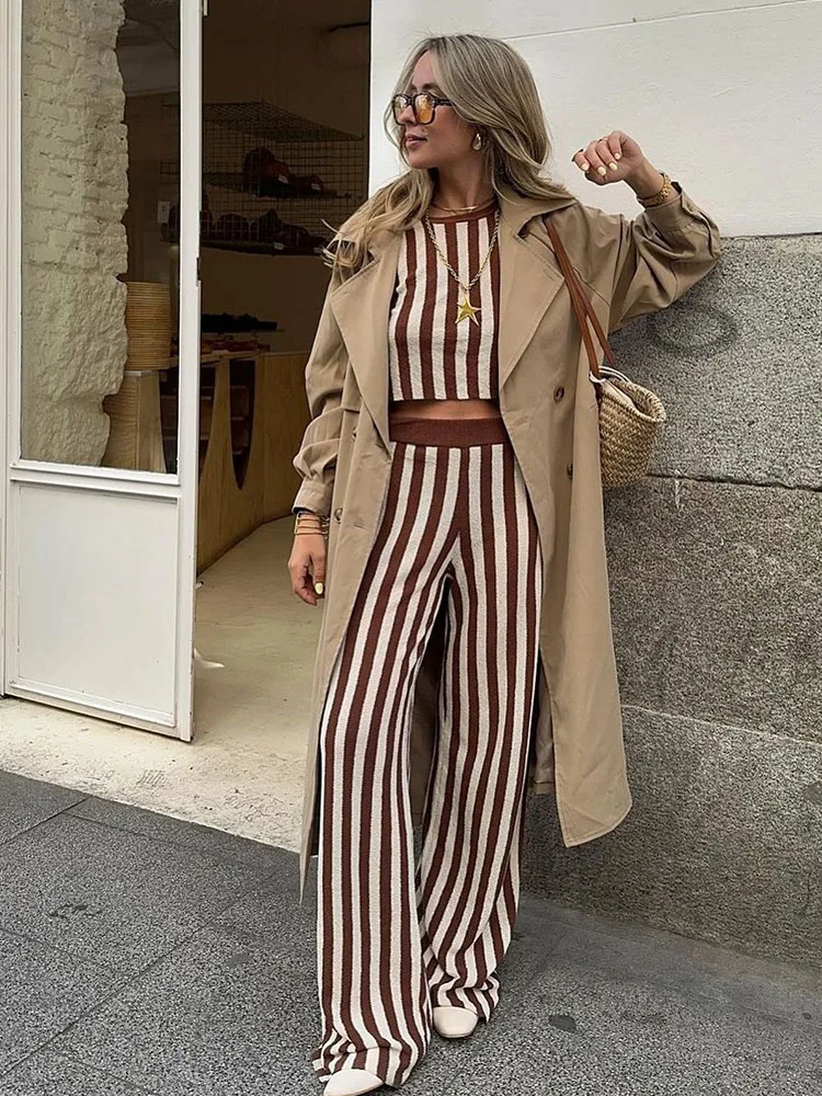 Tossy Knitted Striped Casual Pants Set 2 Piece Women's Fashion Straight Pants Patchwork High Waist Top Summer Women's Pants Set