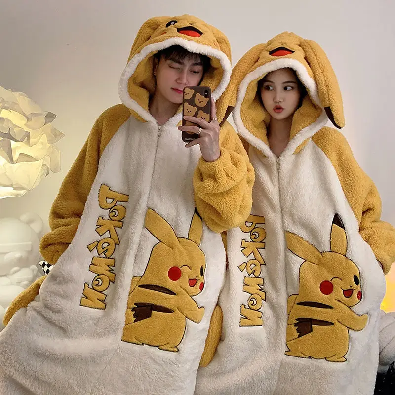 Pokemon Pikachu Cartoon Plush Pajamas Kawaii Anime Creativity Couple Hooded Nightwear Suit Winter Boy Girl Conjoined Homewear