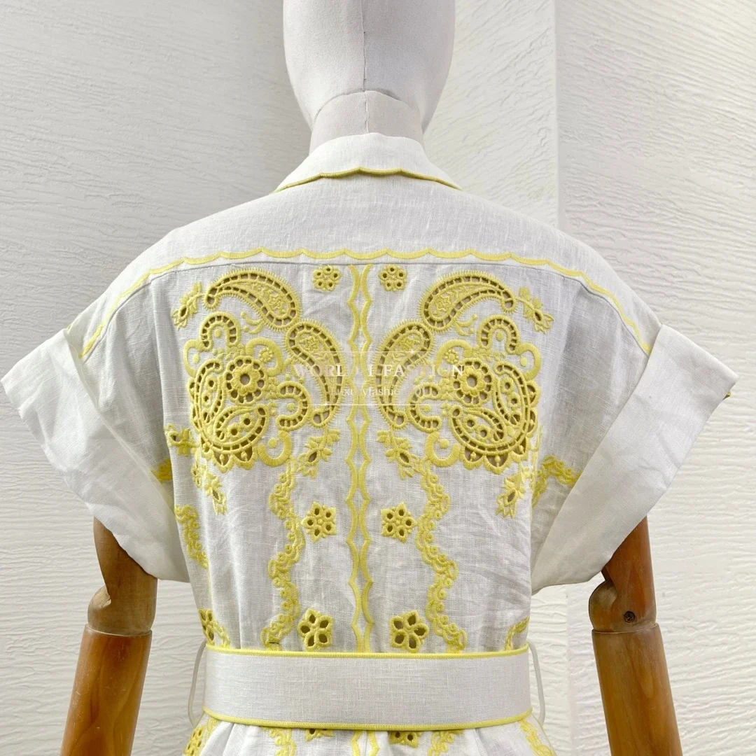 Reines Leinen, neuer Strandstil, Stickerei, Haken, Blume, hohl, Vintage, kurzärmelig, Damen, 2025, Urlaub, hochwertiges Minikleid