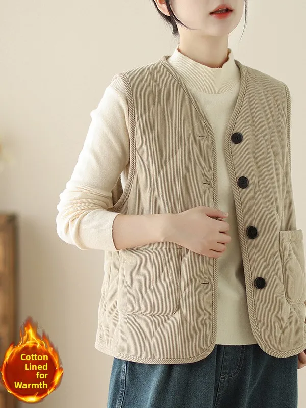Women's Vintage Corduroy Vest Jacket Fleece Lined Outerwear Autumn Winter Fashion Versatile Cotton Warm Thickened Regular Len...