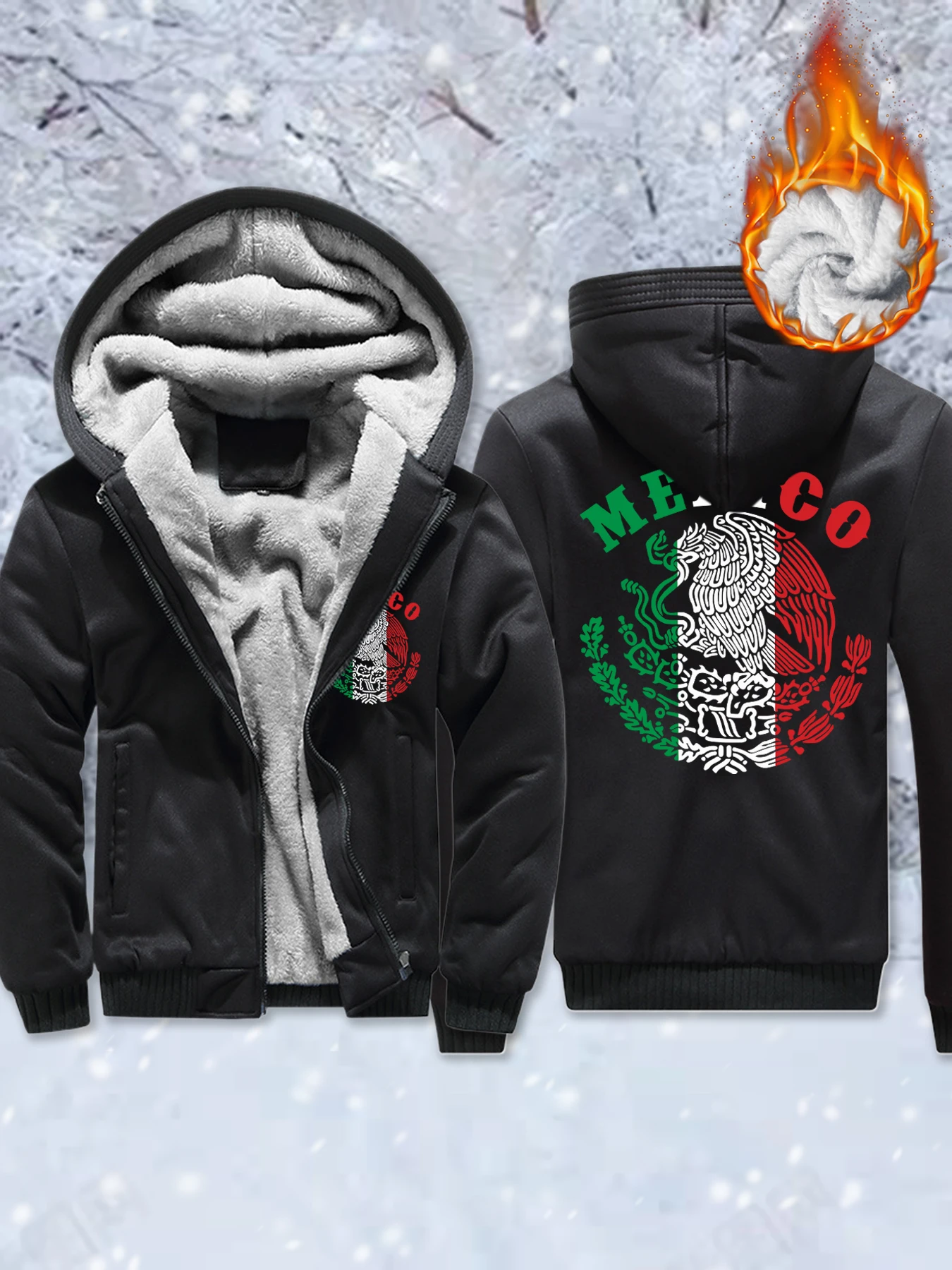 

Mexico Letter With Eagle Creative Pattern Mens Fleece Pocket Jackets Warm Basics Coat Thicken Comfy Outwear Winter Zip-Up Hoodie